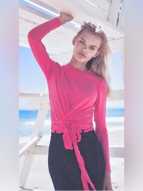 MELI Long Sleeve Wrap Tie Tee-Hot Pink: Size Large